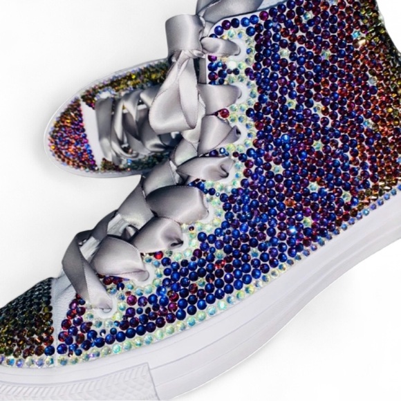 Meridian Blue Crystal High Top Converse Sizes 5-14 New In Box With Ribbon laces - Picture 6 of 15